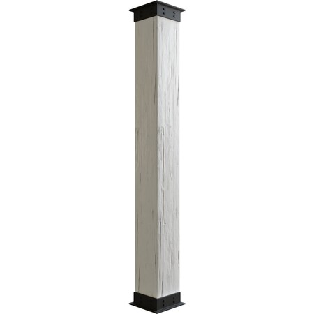 Hand Hewn Endurathane Faux Wood Non-Tapered Square Column Wrap W/Faux Iron Capital & Base, 8W X 5'H